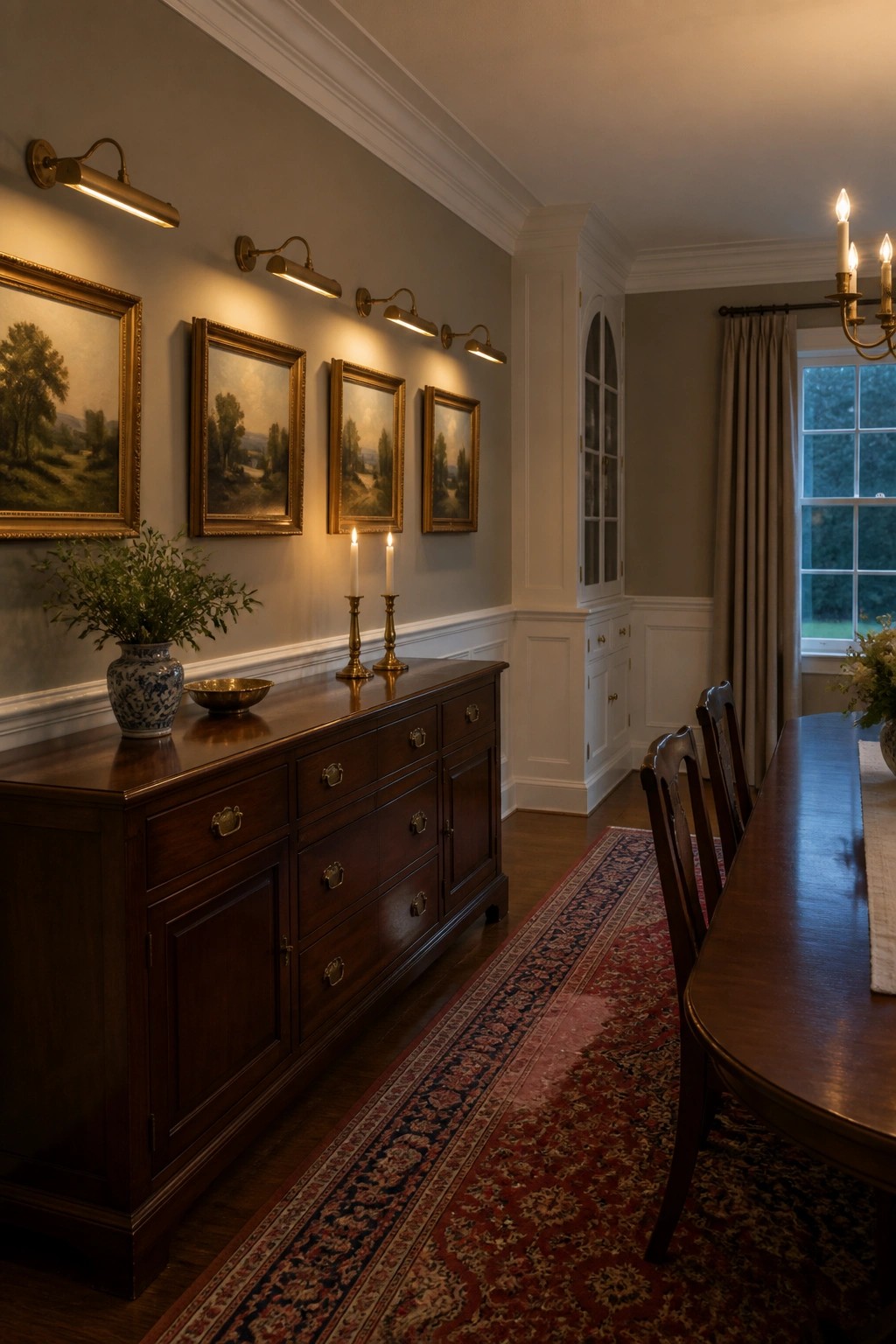Warm greige walls in a dining room with dark wood furniture and white trim.
