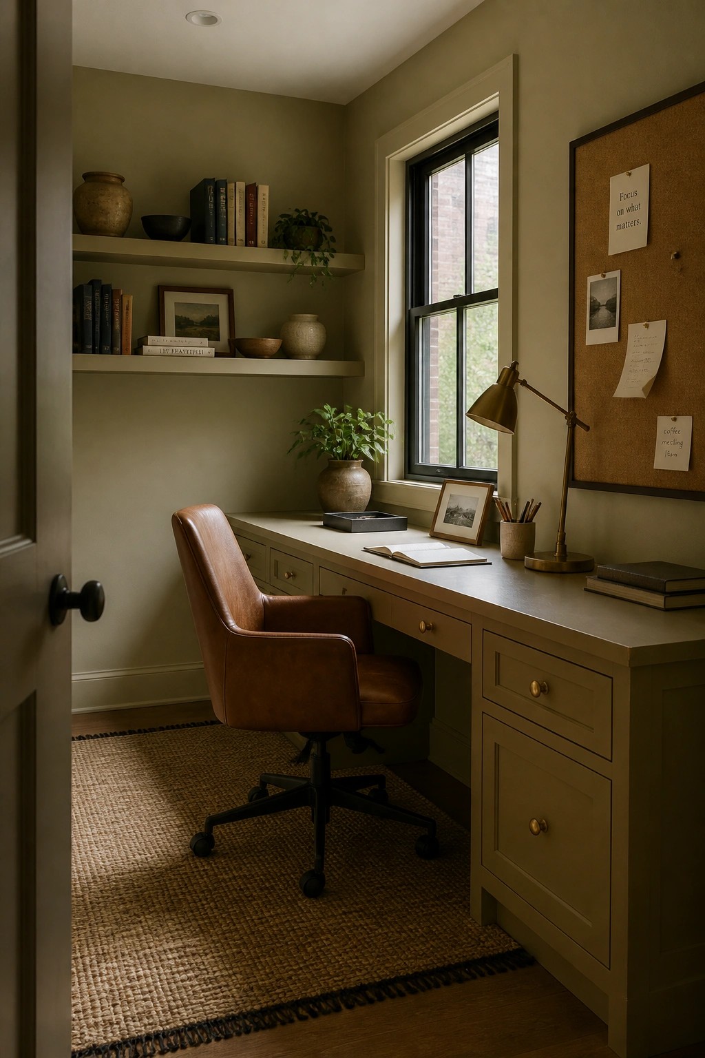 Warm greige walls in a home office with a wood desk and floating shelves.