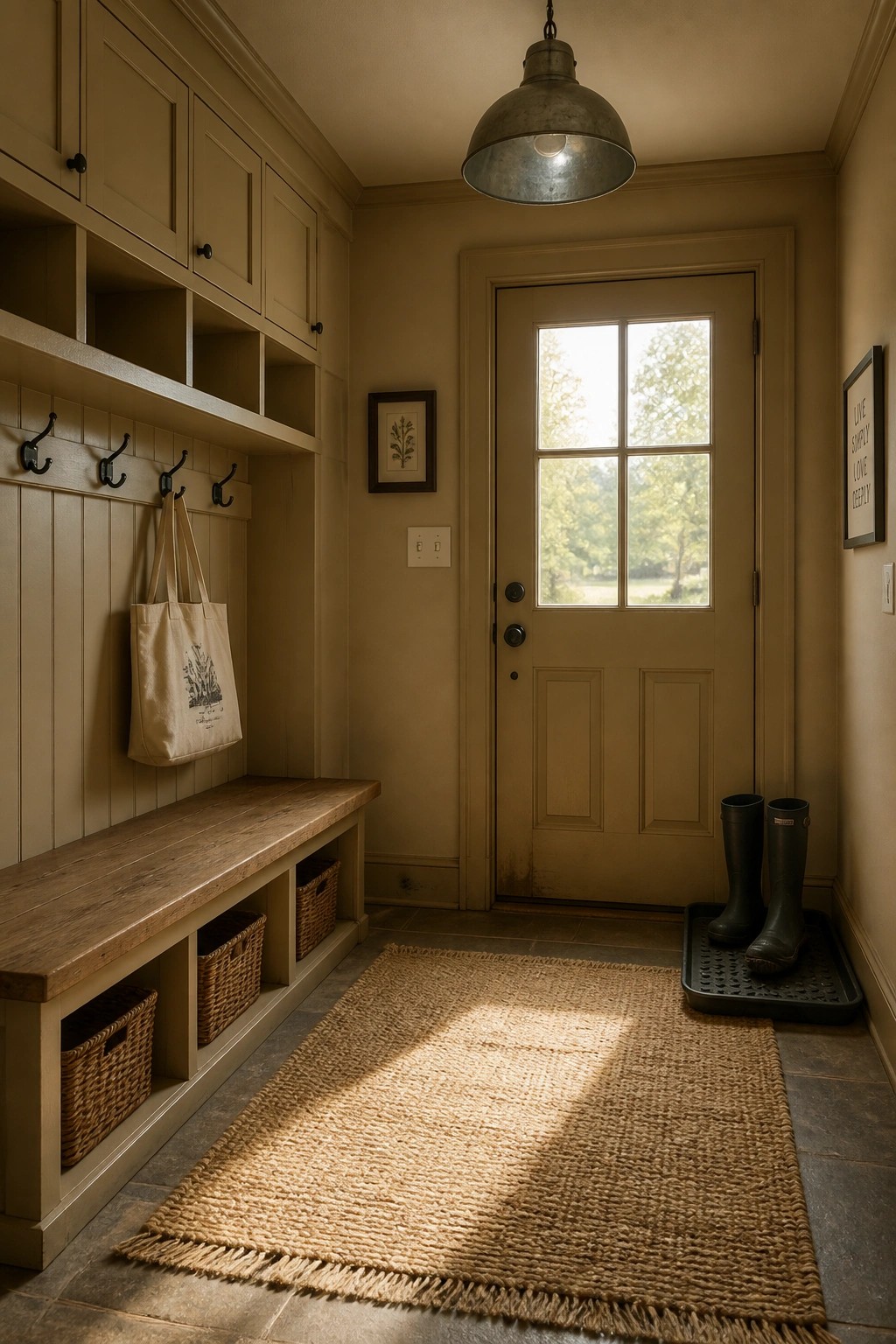 Warm greige walls in a mudroom with wood bench and built-in cabinetry.