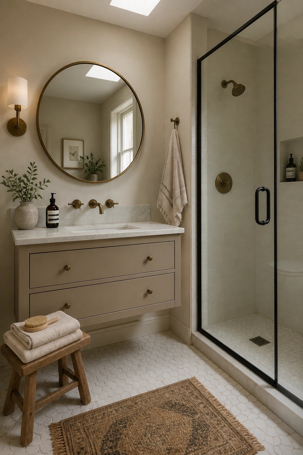 Bathroom walls and vanity painted in a soft warm greige.