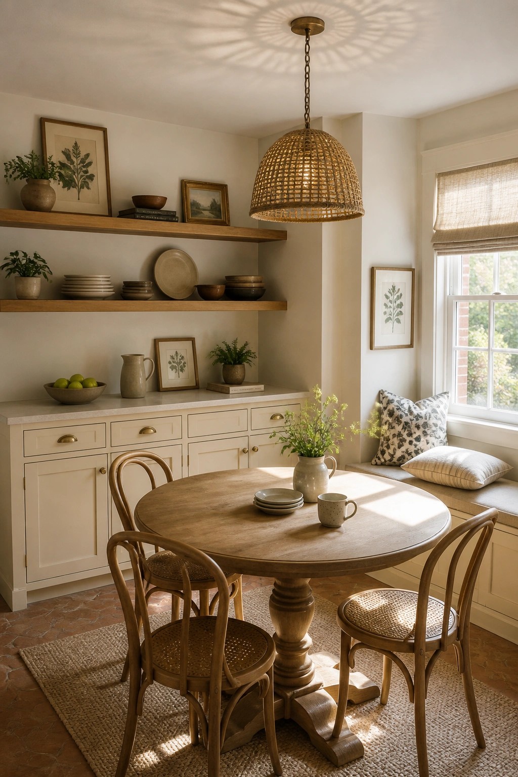 Warm off-white walls and cabinets in a cozy dining space with wood furnishings.