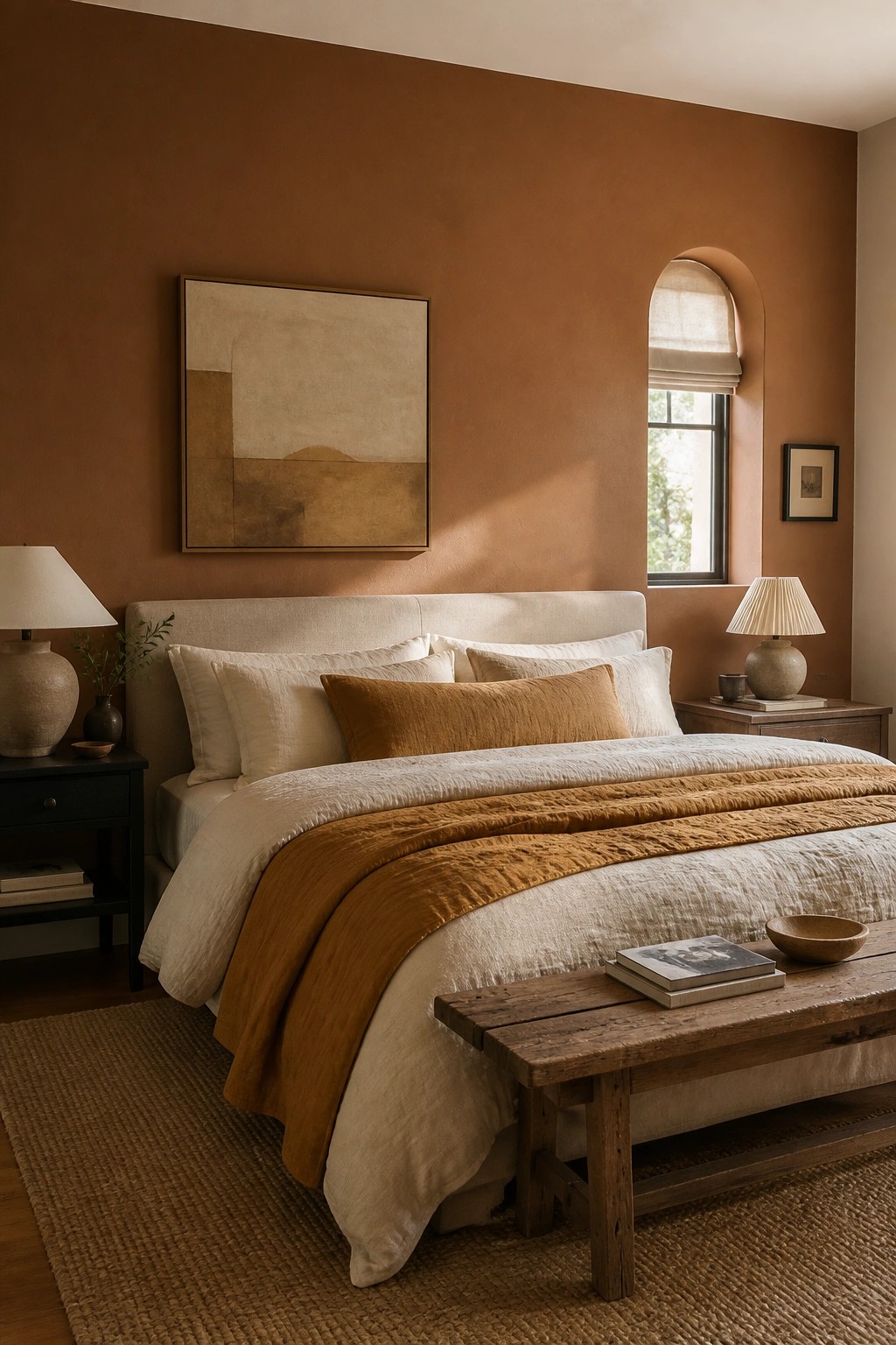 A bedroom with warm terracotta walls and neutral bedding.