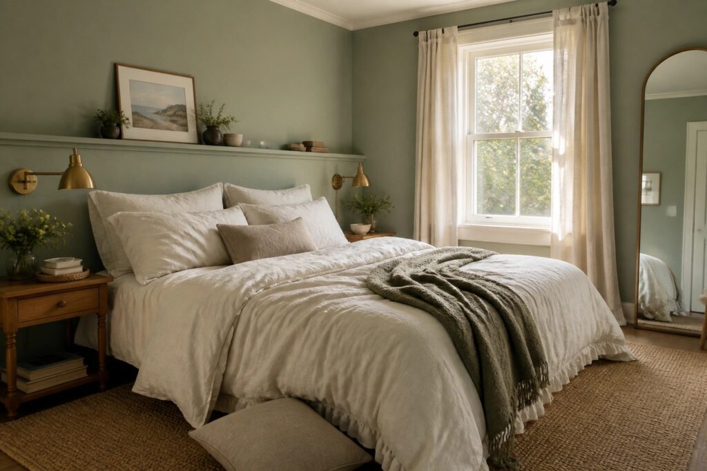 A bedroom with soft sage green walls and a large bed.