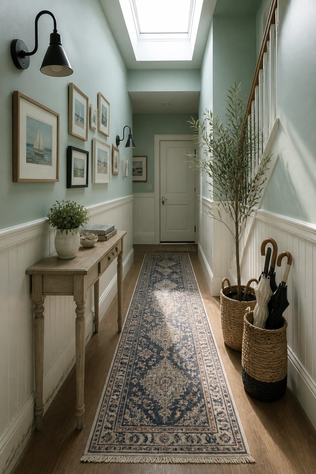 A hallway with soft light green walls, white wainscoting, and a long runner rug.