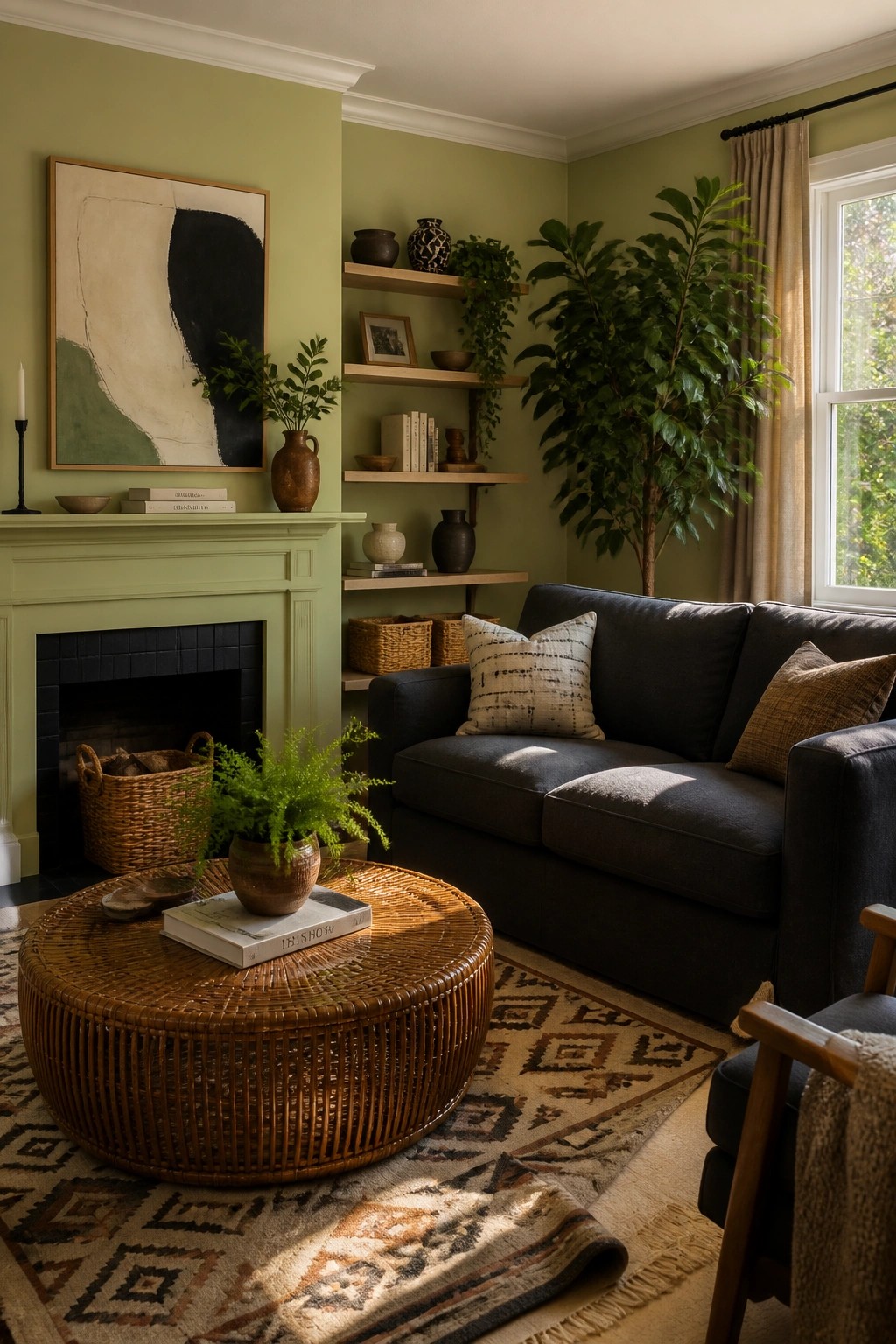 Cozy living room with sage green walls, navy sofa, rattan coffee table, and wooden shelves.