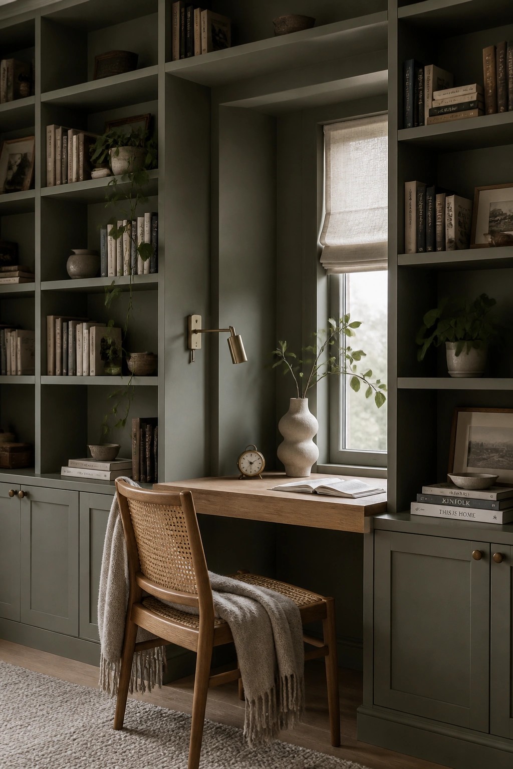 Built-in bookshelves and desk area painted in a muted sage green.