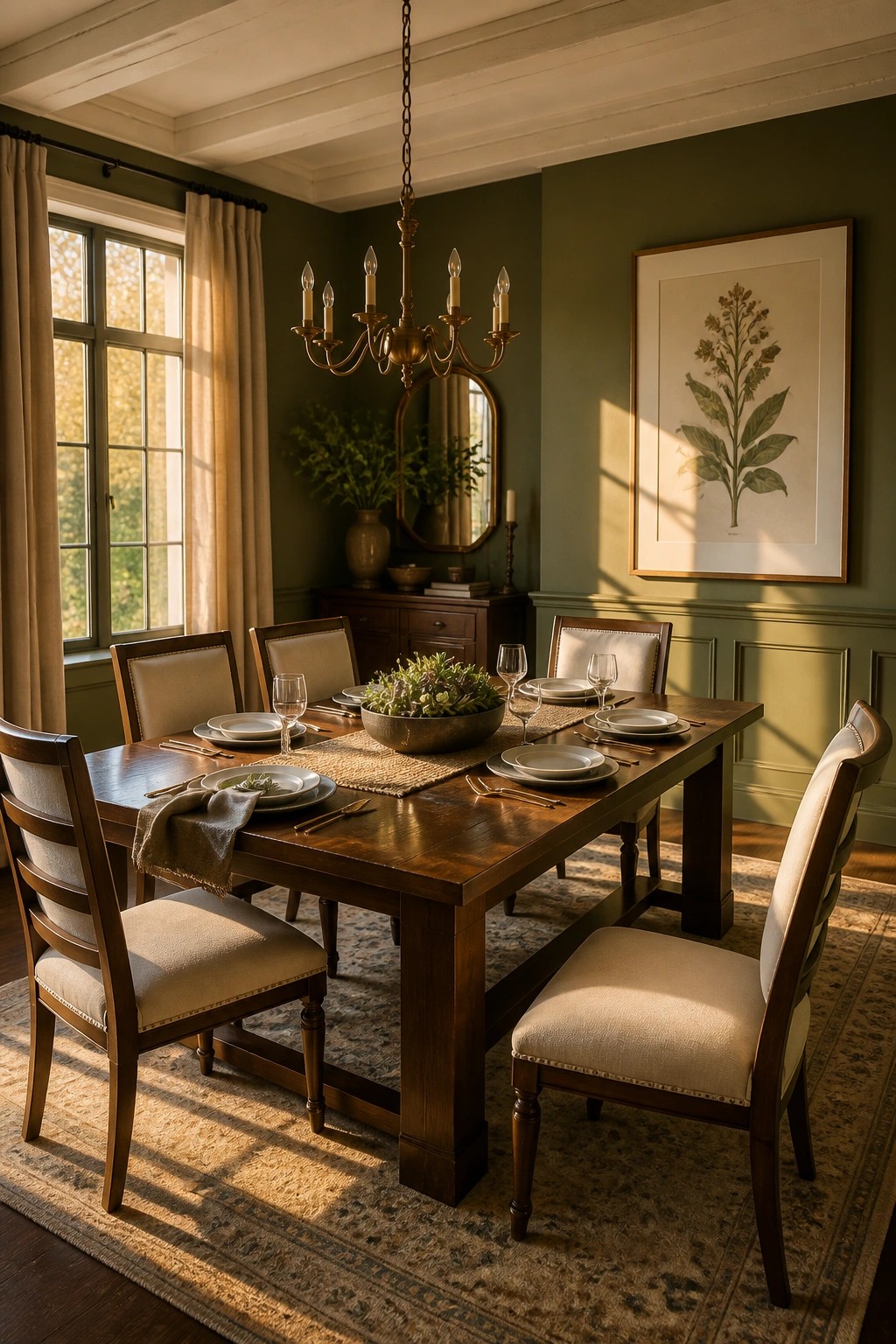 Elegant dark wood dining table set with plates under brass chandelier in sunlit green room.
