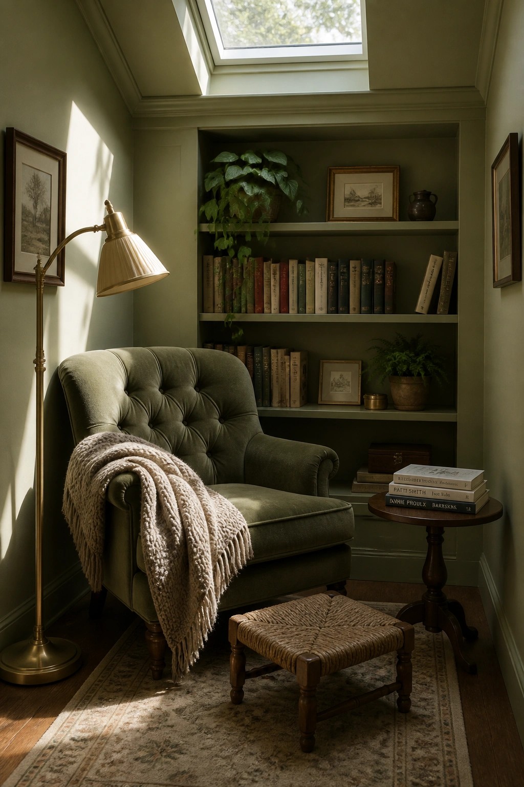 A pale sage green wall color in a small reading area with built-in shelves.