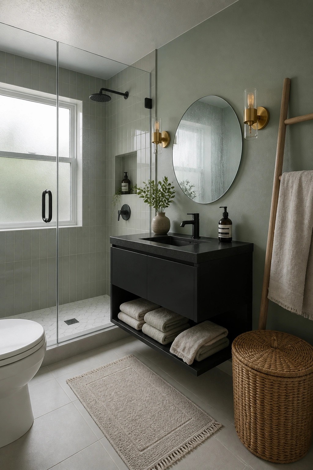 Modern bathroom with sage green walls, black floating vanity, round mirror, and glass shower.