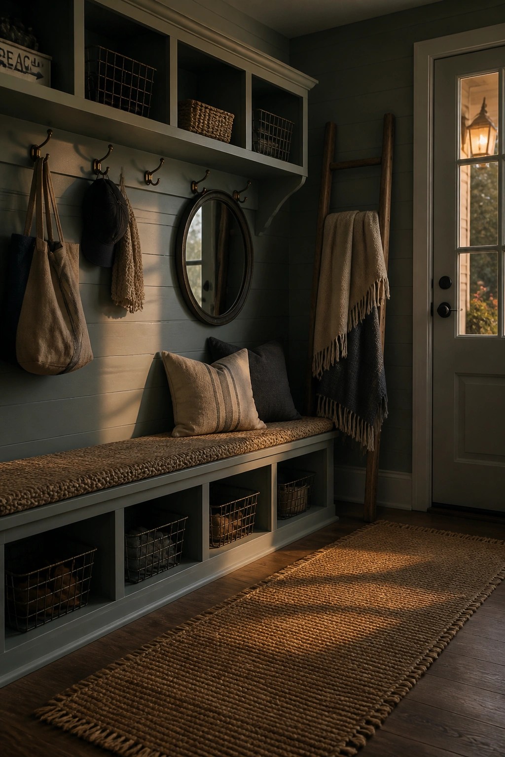 Cozy gray mudroom with bench, pillows, round mirror, hooks, baskets, and blanket ladder.