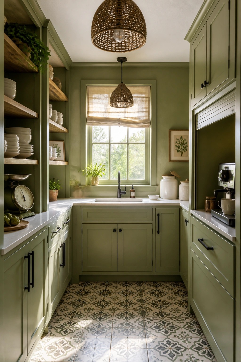 Sage green kitchen with patterned tile floor, open shelves, and woven lights.
