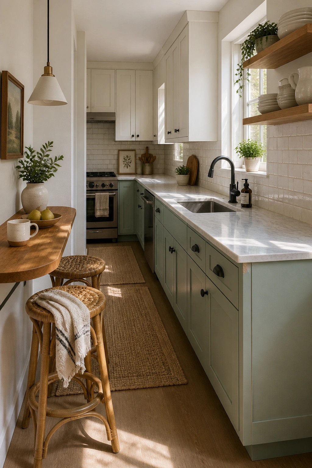 Light sage green kitchen cabinets with white countertops and wood floors.