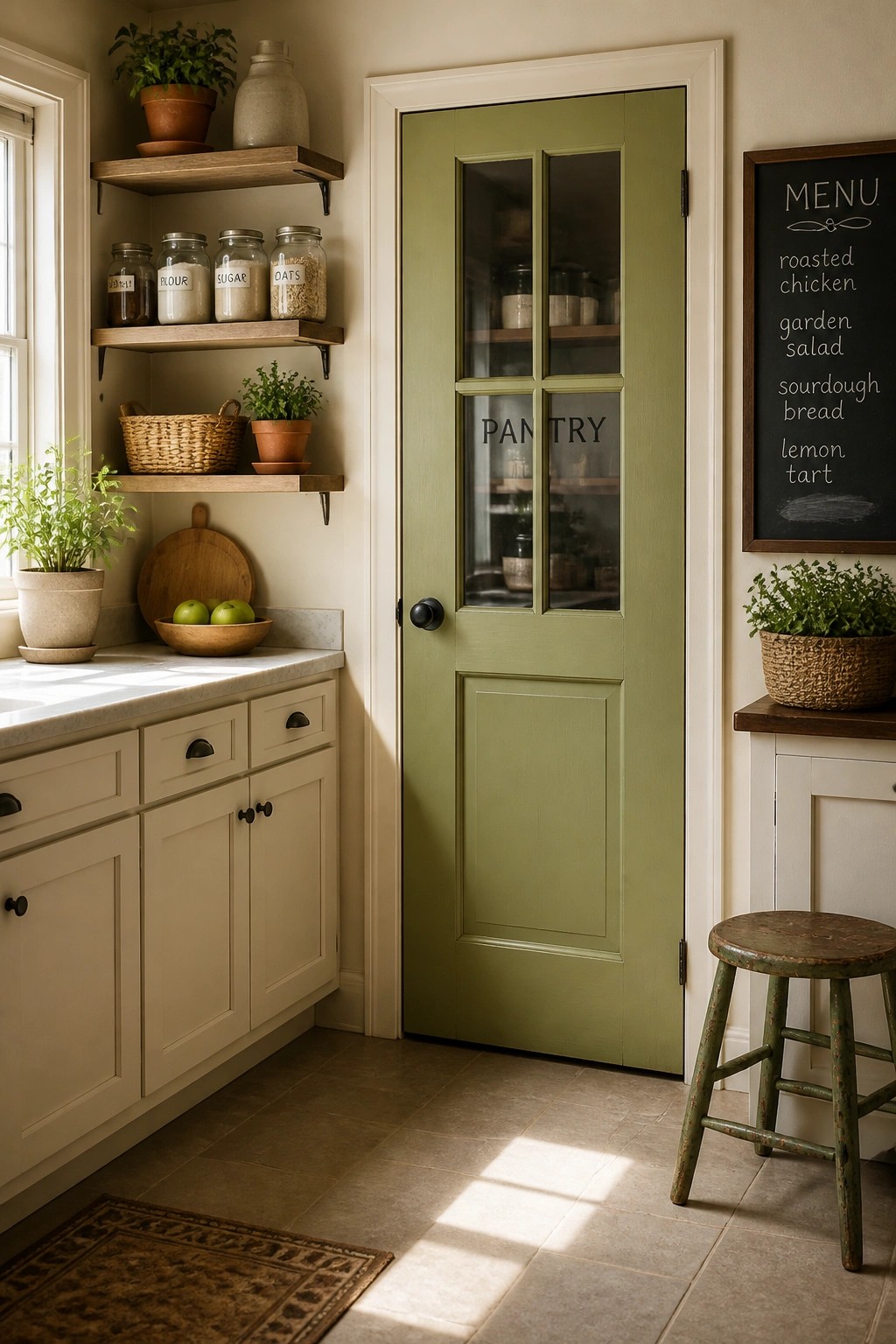 A soft sage green door on a kitchen pantry with white cabinets nearby.