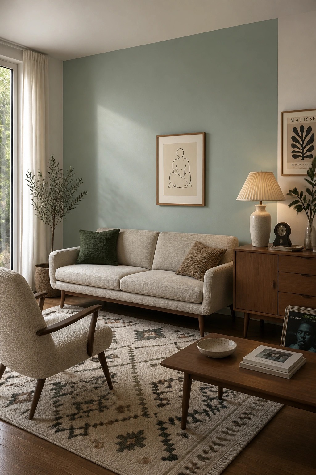 Mid-century living room with beige sofa, wooden coffee table, armchair, and patterned rug on green wall.