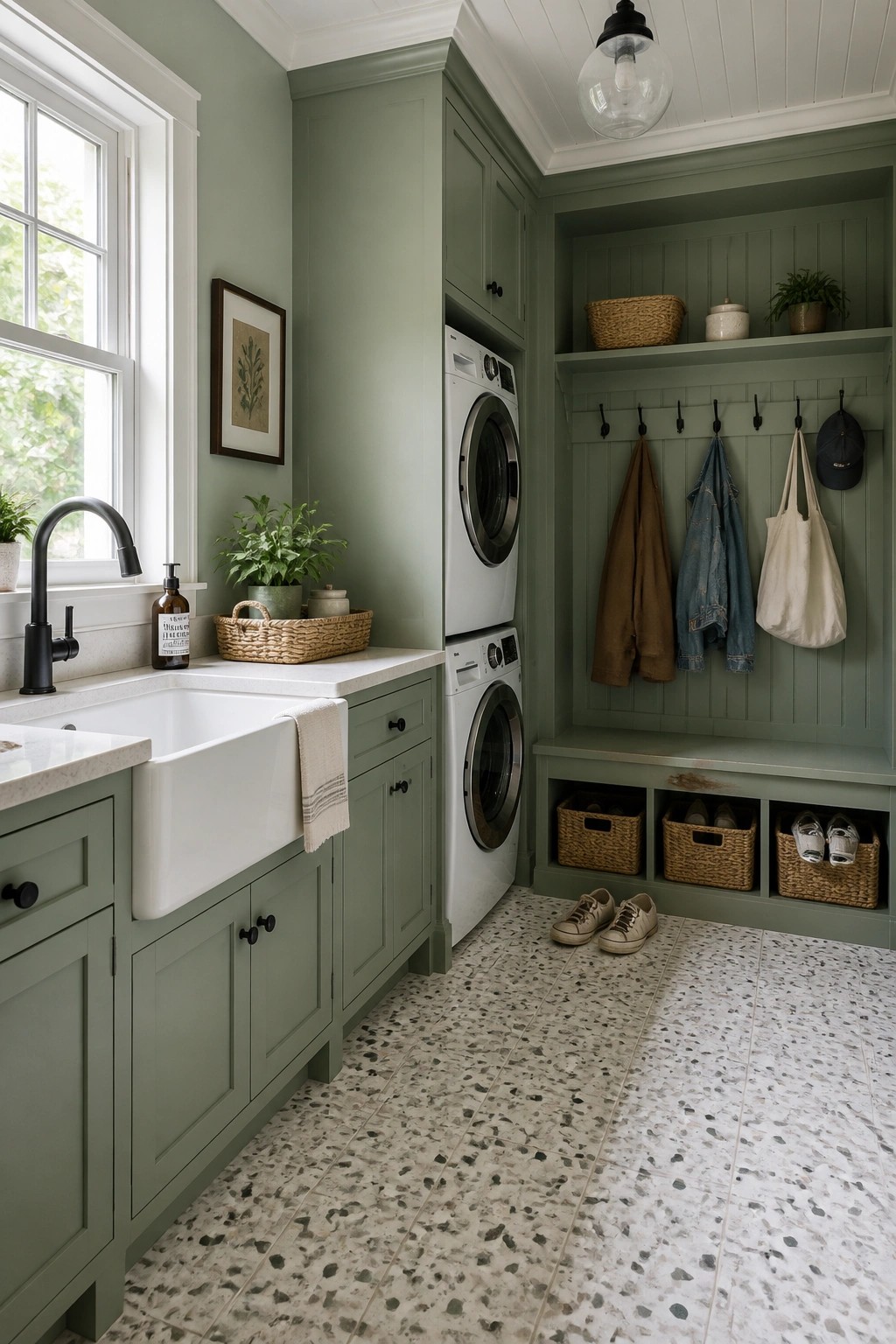 A laundry room with soft sage green walls and matching cabinetry.