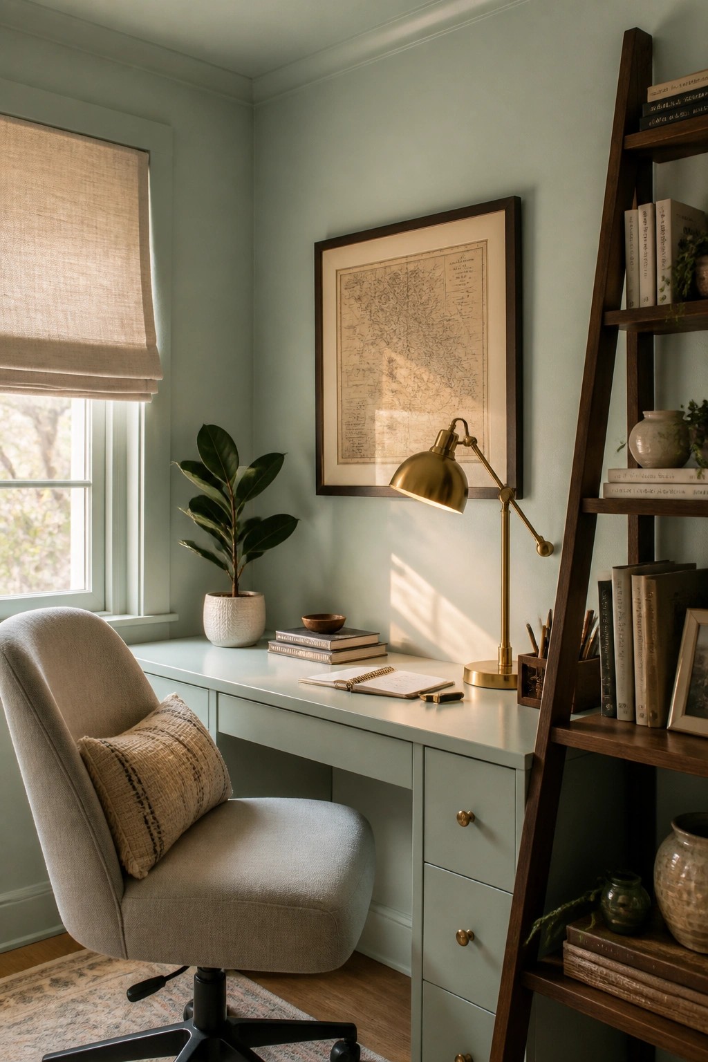 Light green walls in a home office with a desk and wooden ladder shelf.