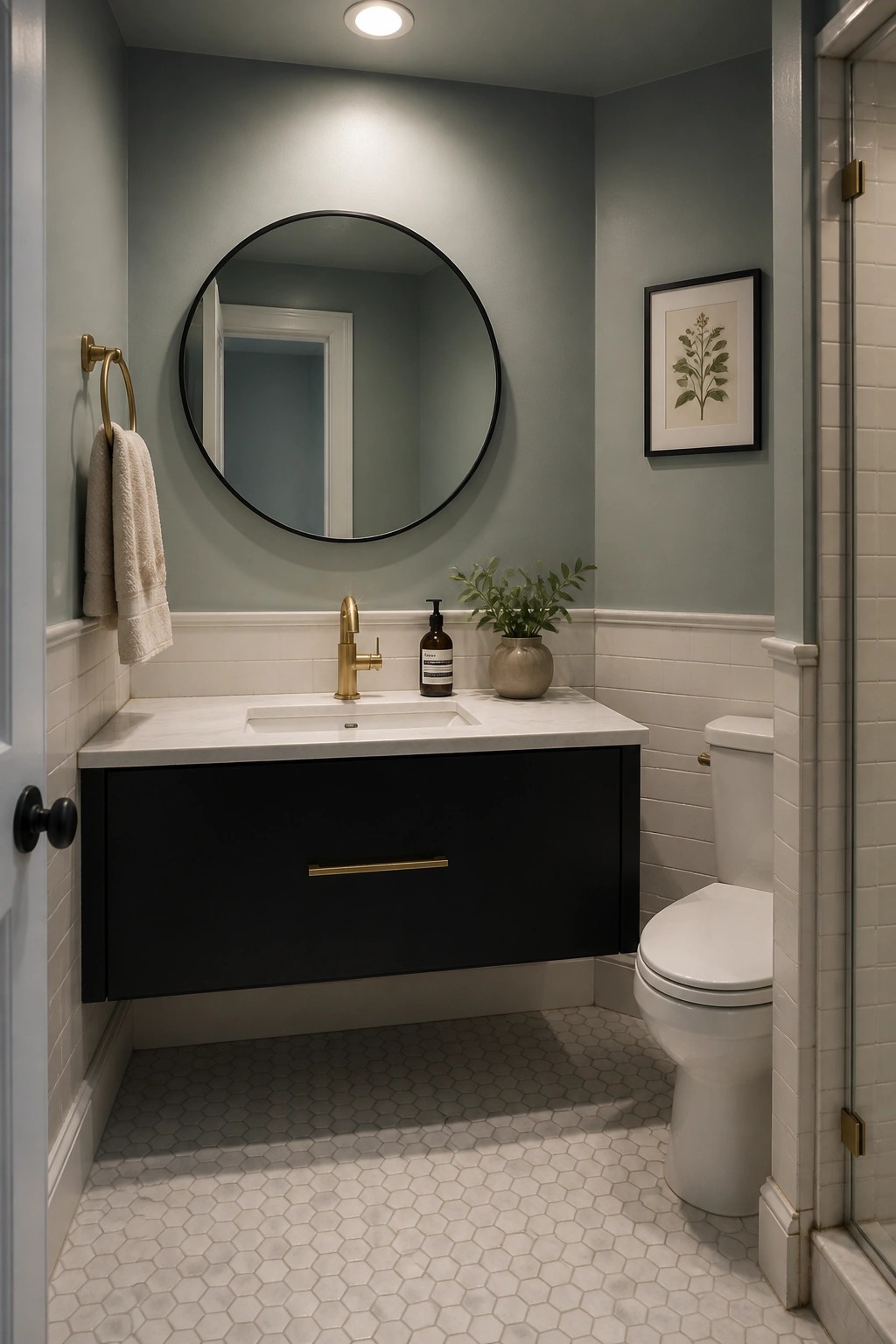 Bathroom walls painted in a soft muted sage green above white wainscoting.