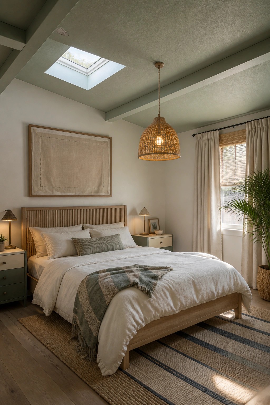 A bedroom with soft sage green walls and wooden furniture.