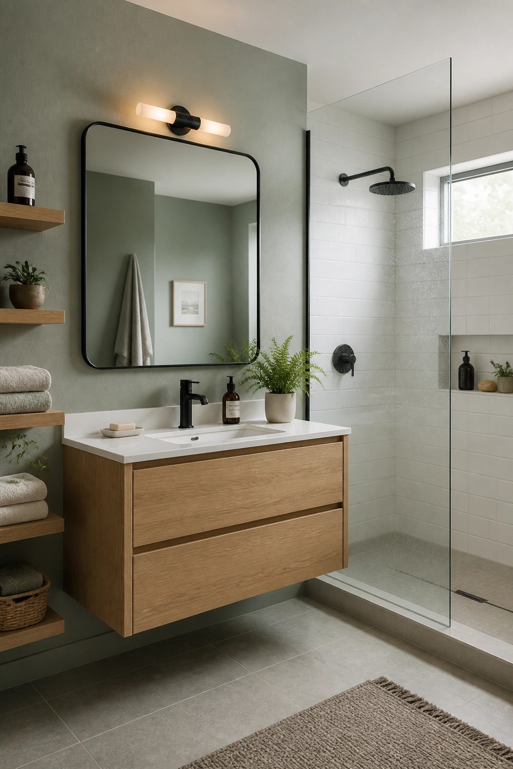 A bathroom featuring soft sage green walls above a floating wood vanity.