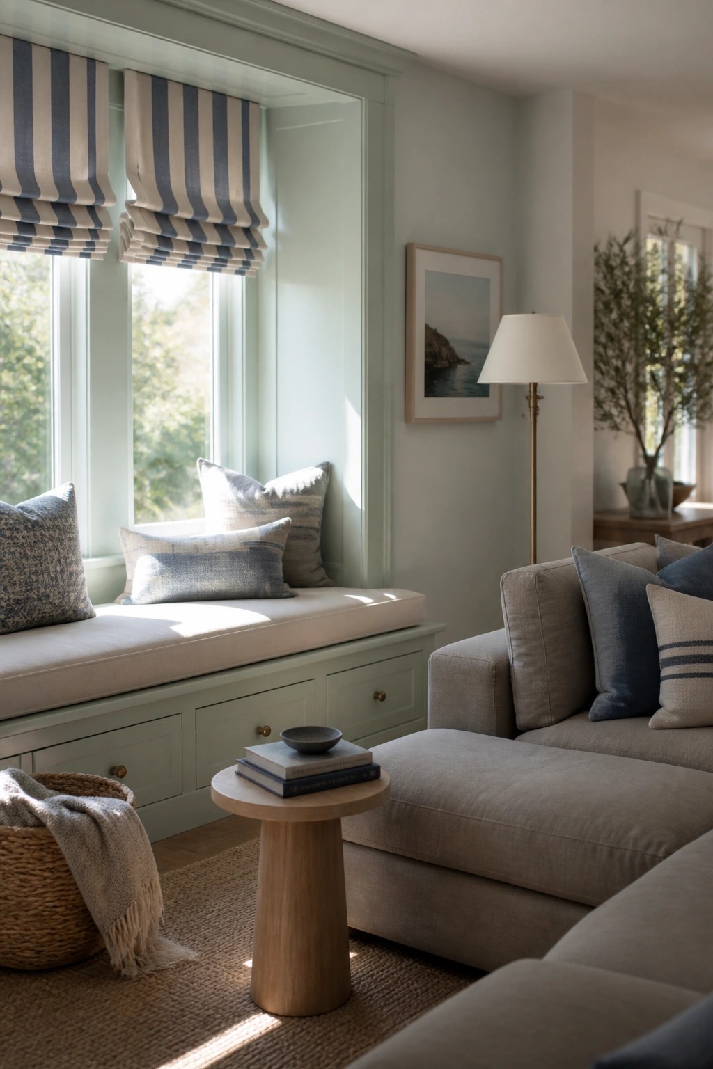 Cozy living room with sage green window seat, beige sofa, and round side table.