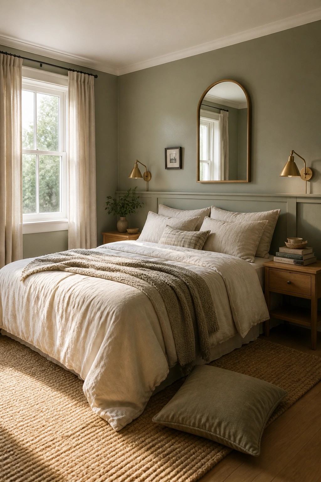 A bedroom with soft sage green walls and a large bed.