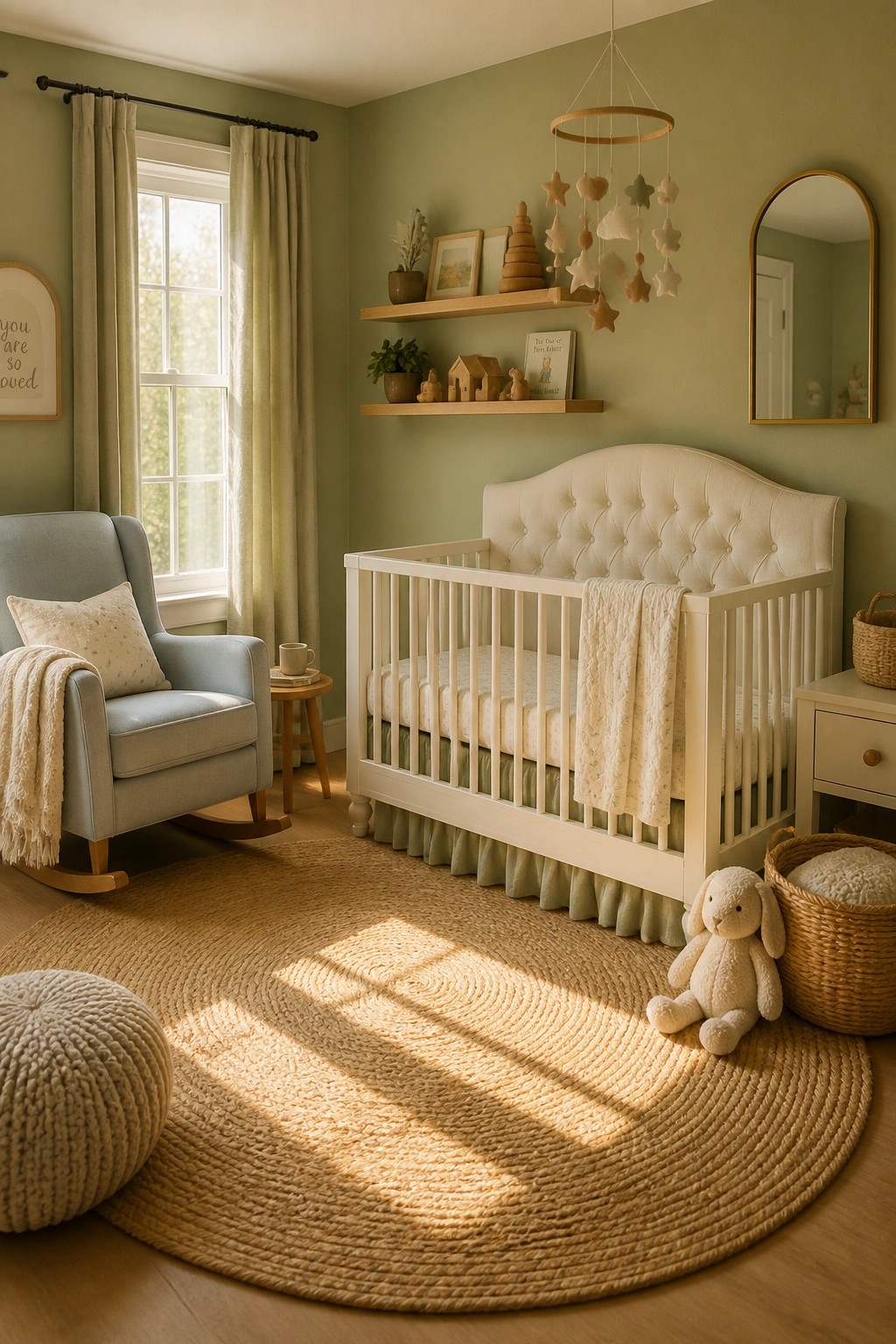 A nursery with soft sage green walls and a white crib on a round jute rug.