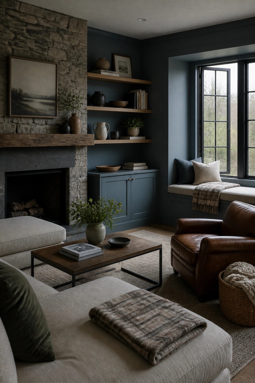 Dark blue gray walls in a living room with wooden shelves and a stone fireplace.