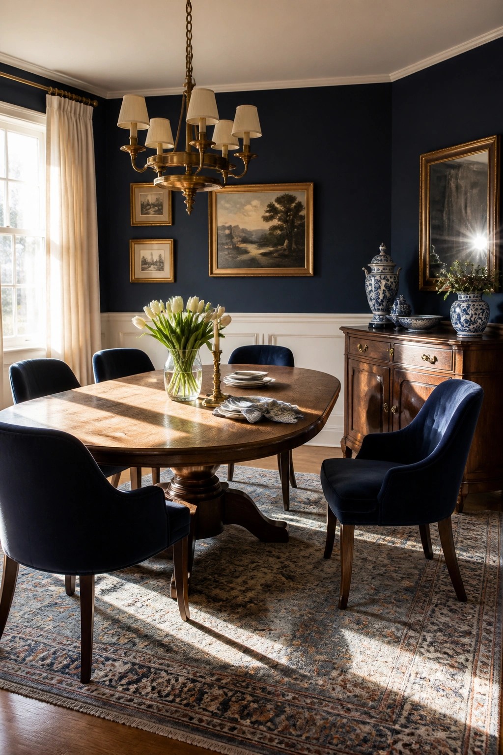 A dining room with deep navy walls and a wooden table.