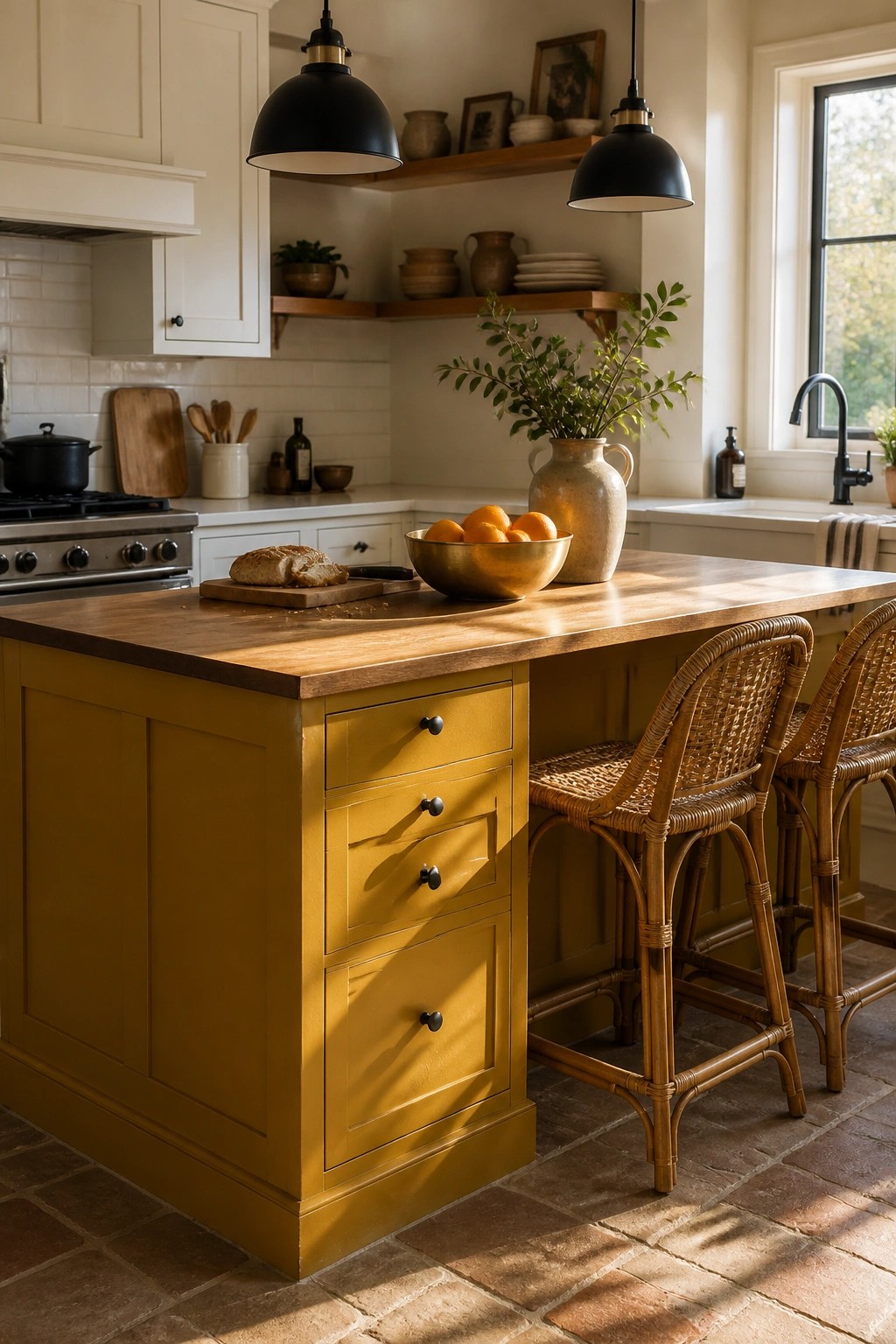 Mustard-yellow kitchen island with wood top, wicker stools, and bowl of oranges