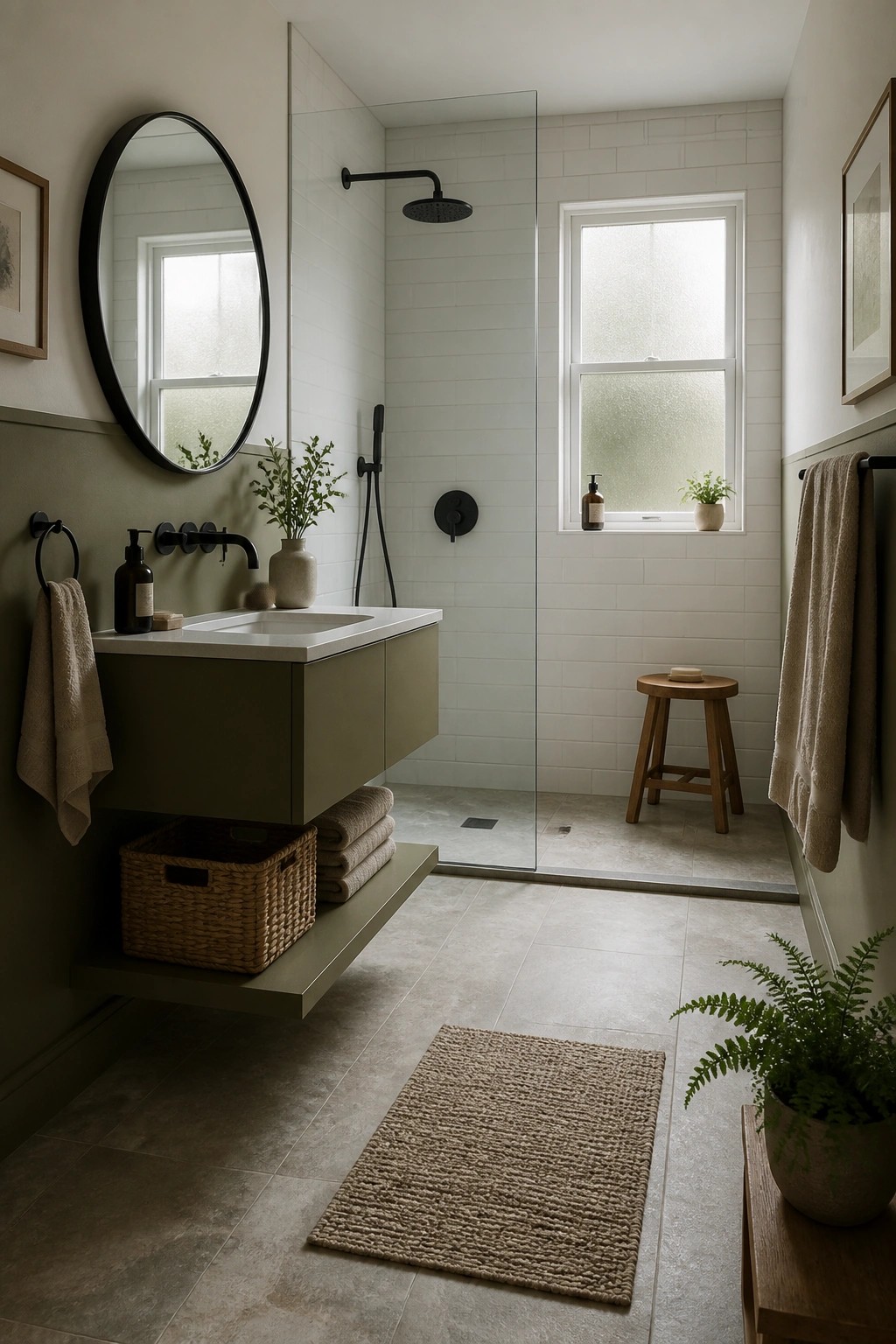A bathroom with muted sage green walls and a matching floating vanity.