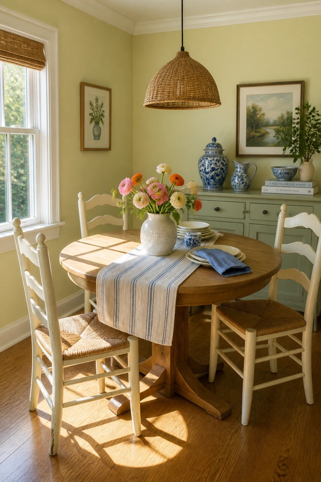 Light sage green walls in a dining room with a wooden table and white chairs.