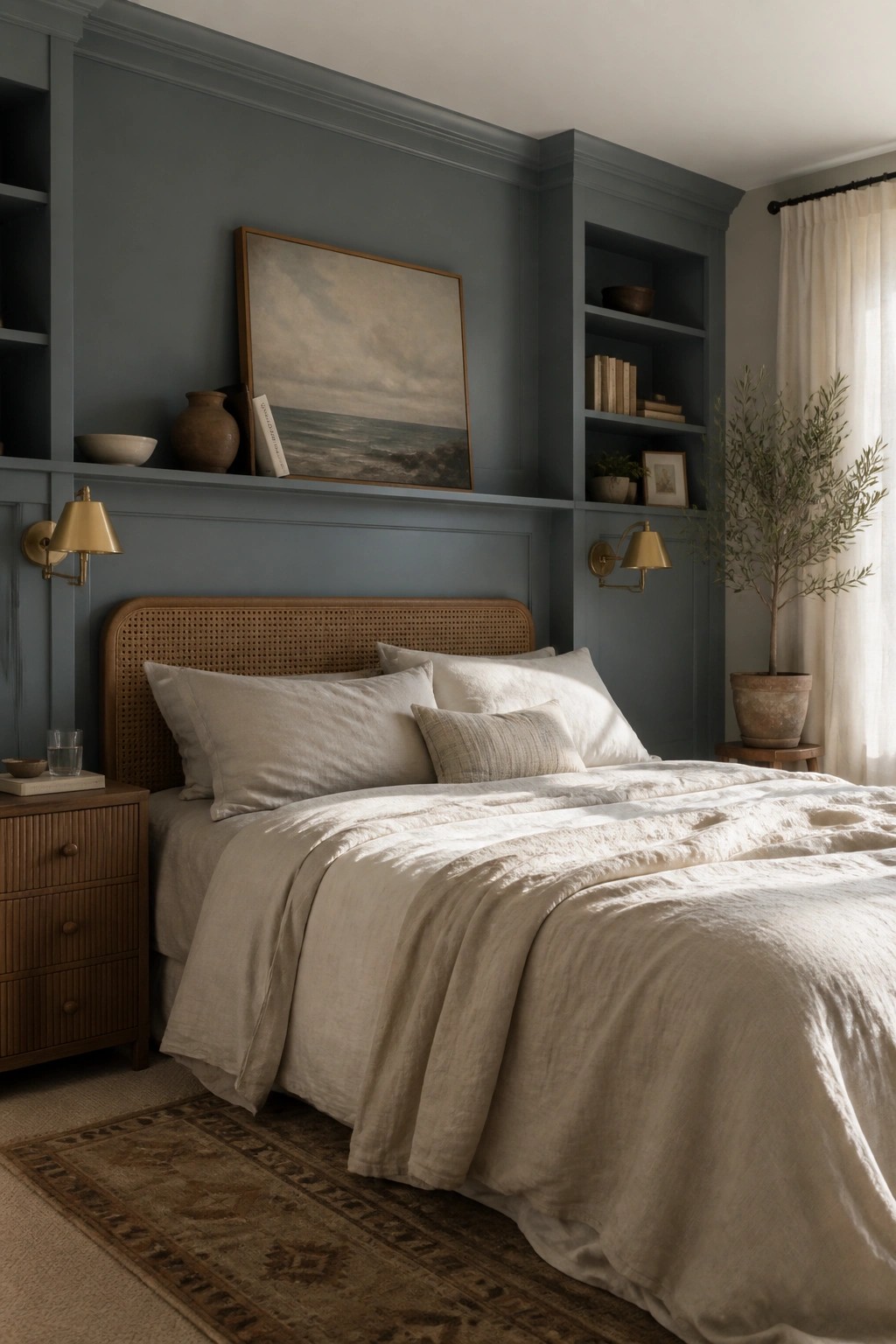 Cozy bedroom with white linen bedding, rattan headboard, blue walls, and brass sconces.