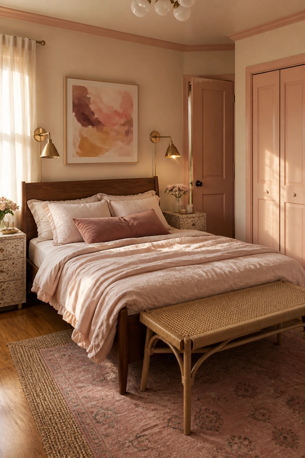 A bedroom with soft blush pink walls and matching trim.