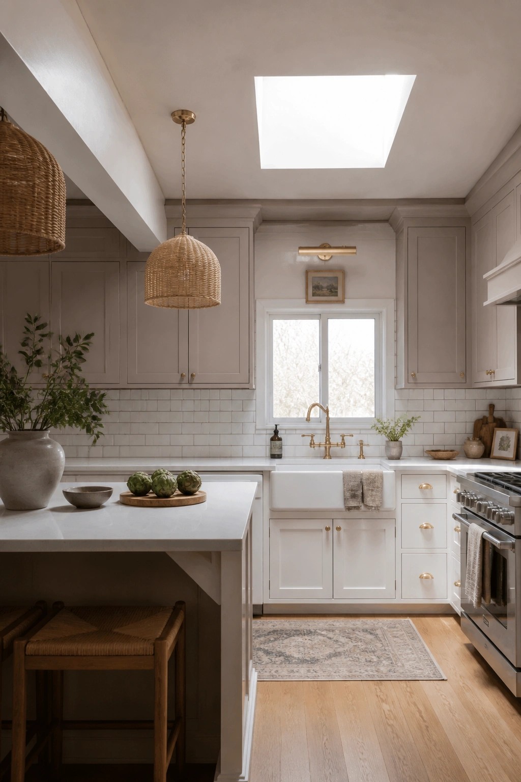 Light greige cabinets in a kitchen with white countertops and a farmhouse sink.