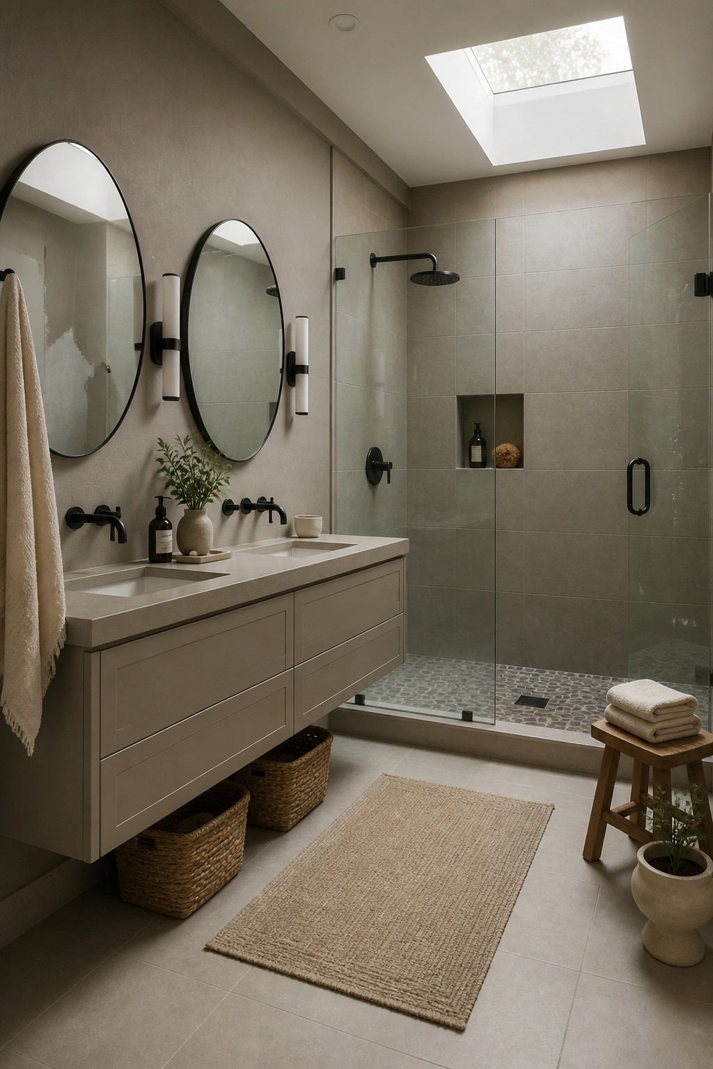 A bathroom with soft greige walls and a double vanity.