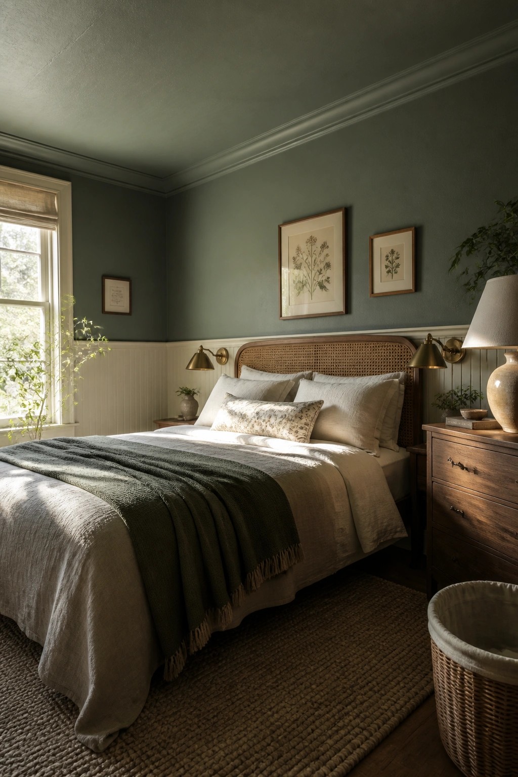 Bedroom walls painted in a soft sage green above white wainscoting.