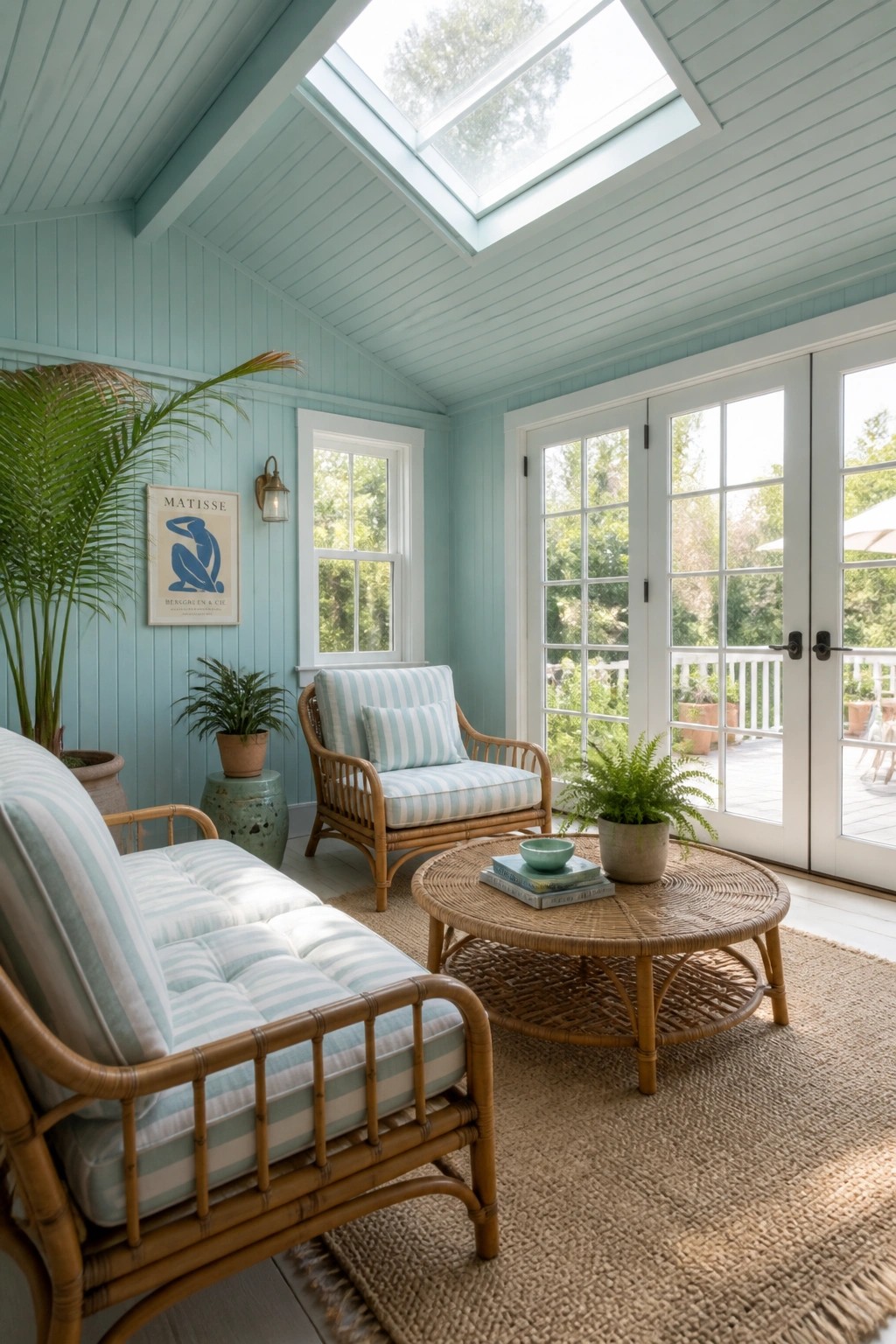 Light blue-green walls in a sunlit room with rattan furniture.