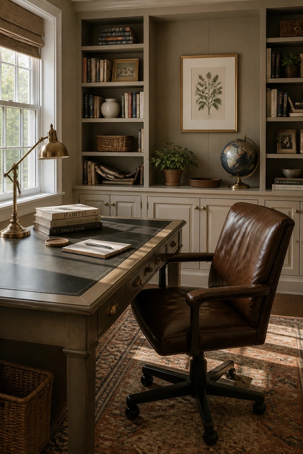 A home office with soft greige walls and built-in bookshelves.