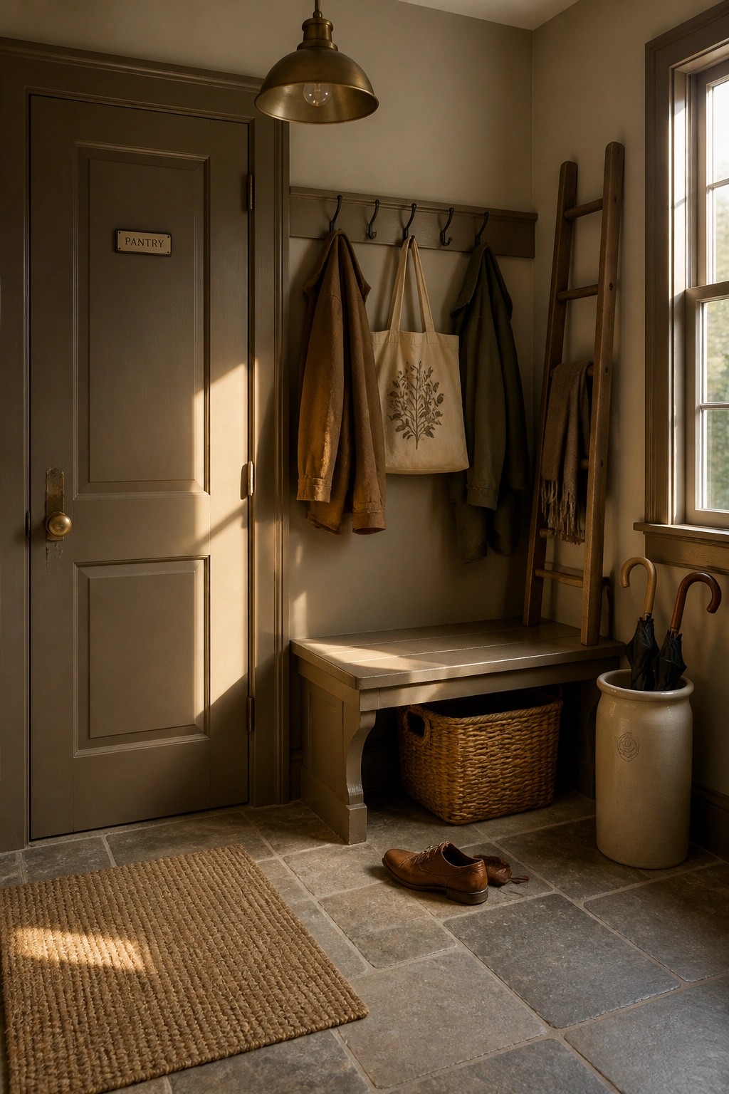 A mudroom corner with warm greige walls and a matching painted door.