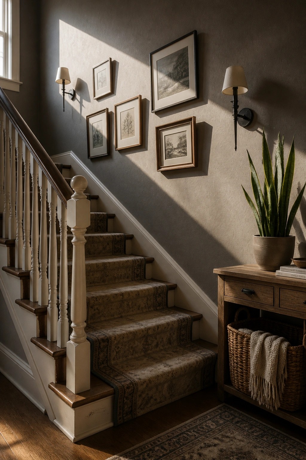 A staircase with warm greige walls and wood railing.