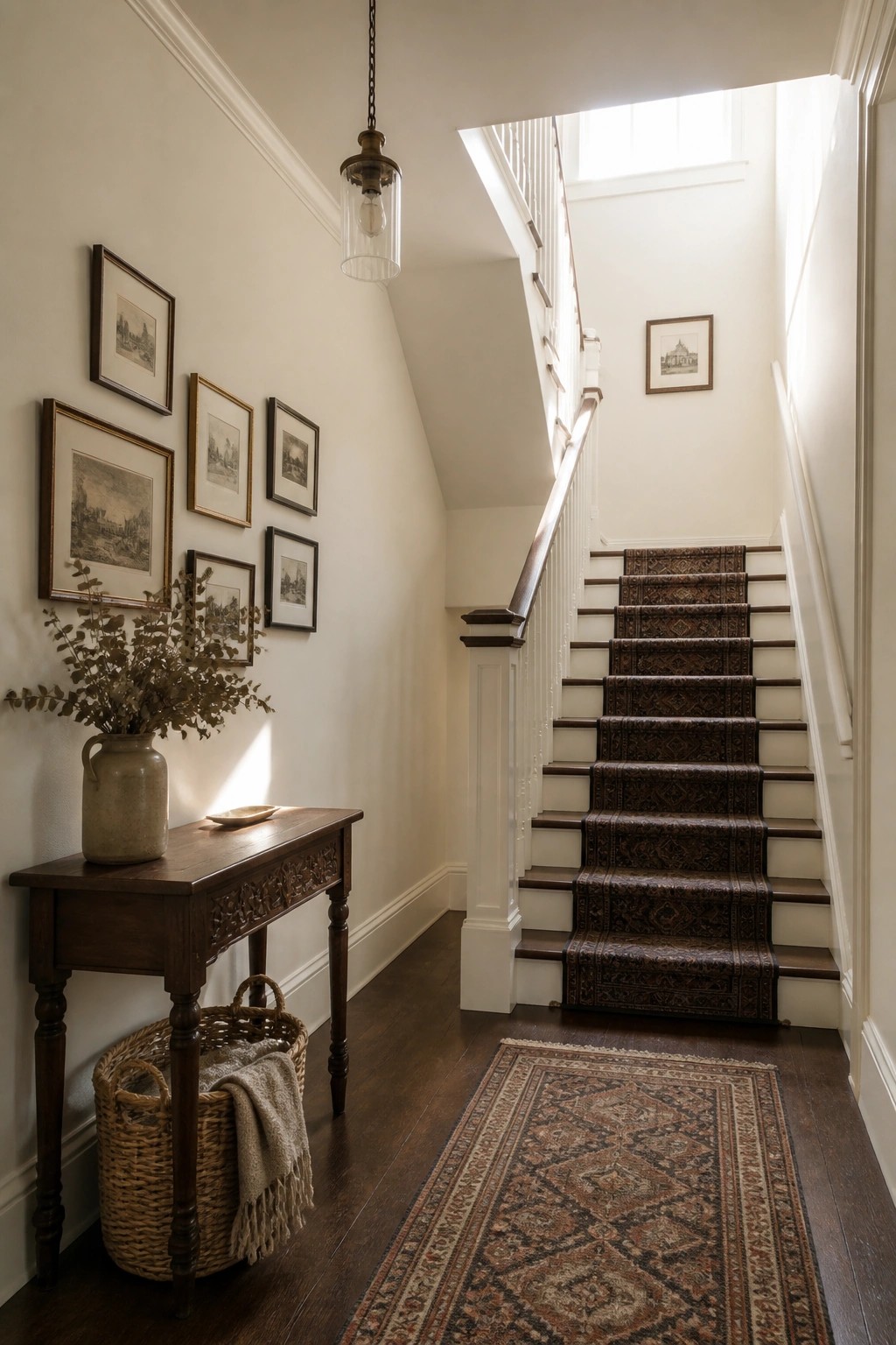 A stairwell painted in a warm off-white with dark wood stairs and a console table.