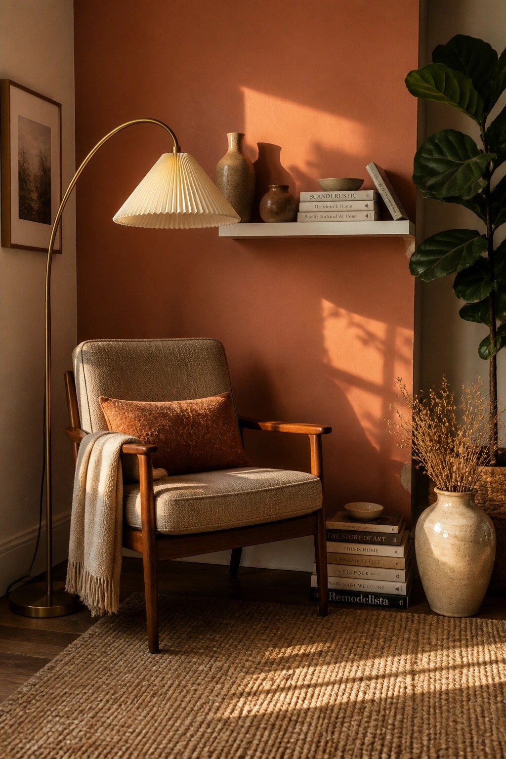 A living room corner with terracotta painted walls and a wooden armchair.