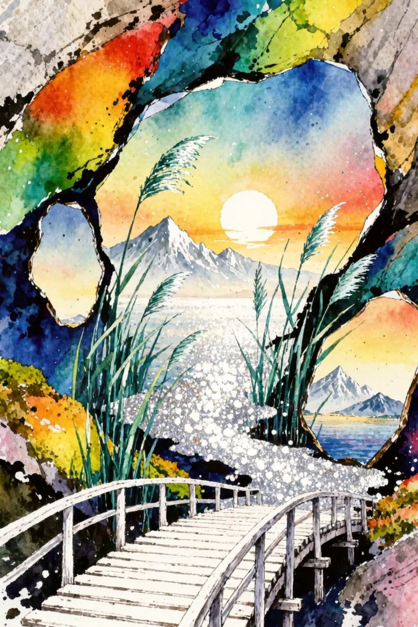 Wooden bridge over shimmering lake with reeds, mountains, and vibrant sunset in colorful frame.