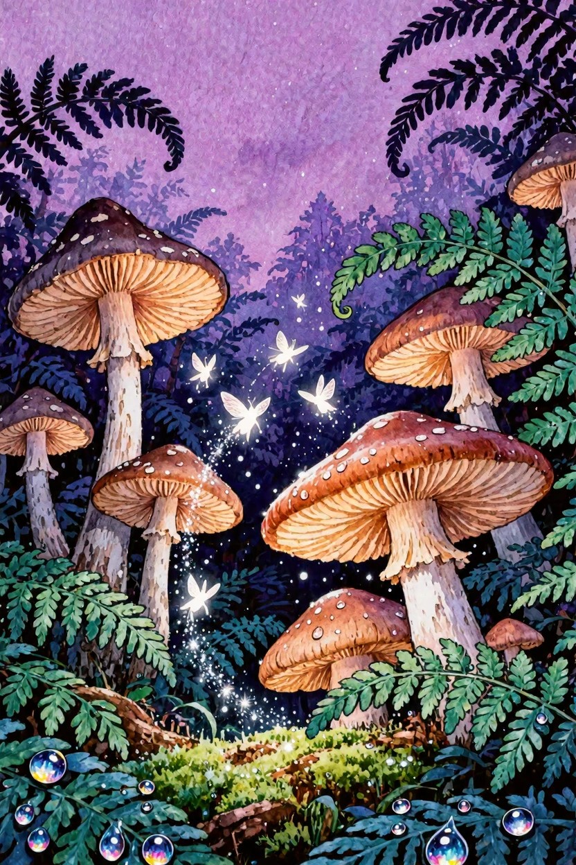 Watercolor enchanted forest with glowing fairies amid large spotted mushrooms and ferns.