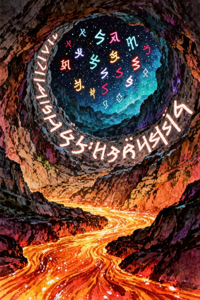Glowing lava river winds through rocky canyon under starry sky ringed with colorful runes.
