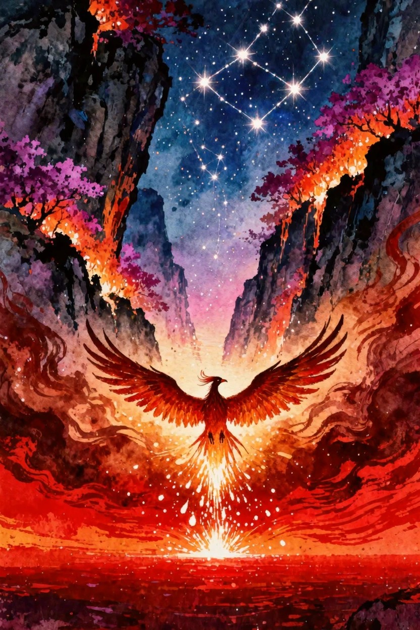 Fiery phoenix rising from flames between glowing cliffs under starry night sky