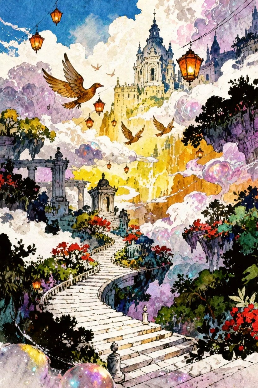 A fantasy watercolor painting shows a winding stone staircase leading up a cliff to a castle in the clouds, with glowing lanterns and birds flying nearby.