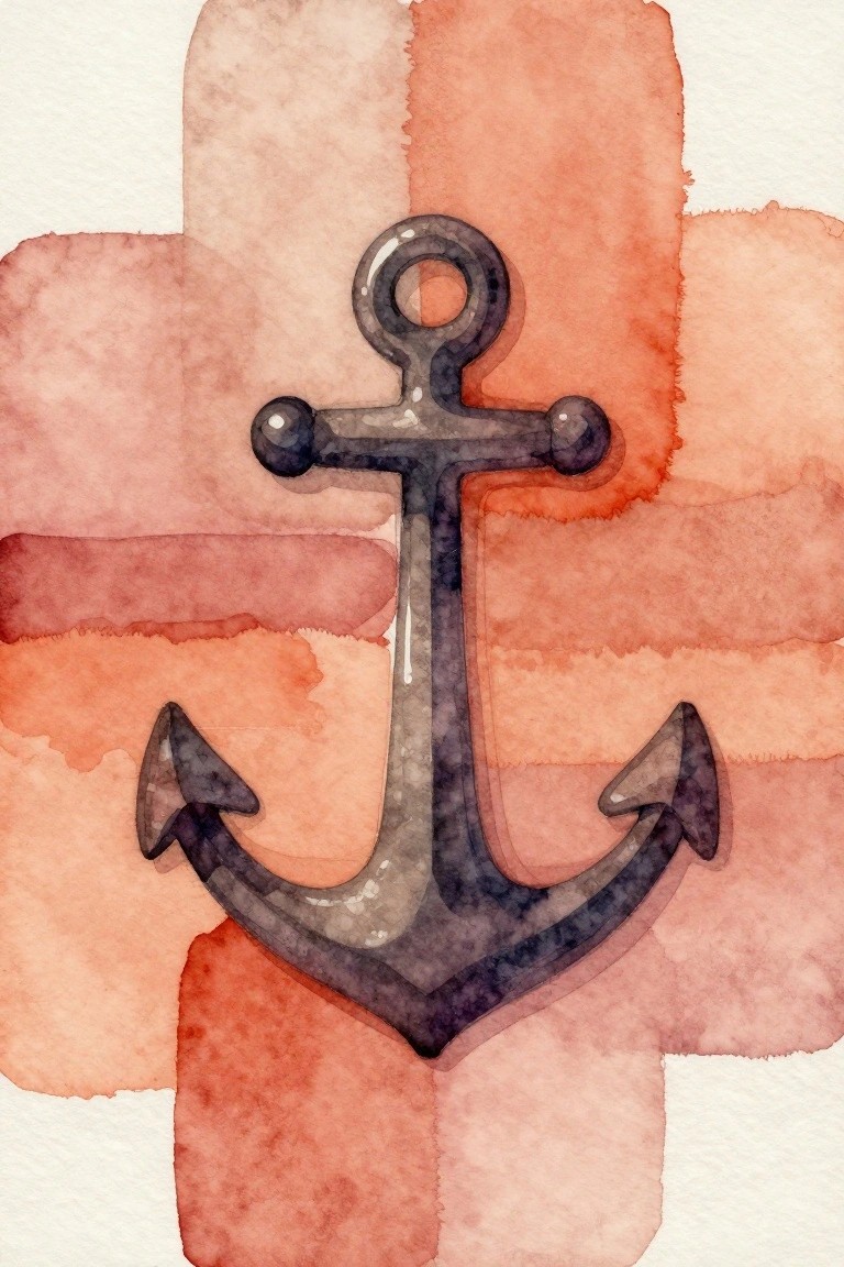 Watercolor anchor in dark tones against abstract orange and red background
