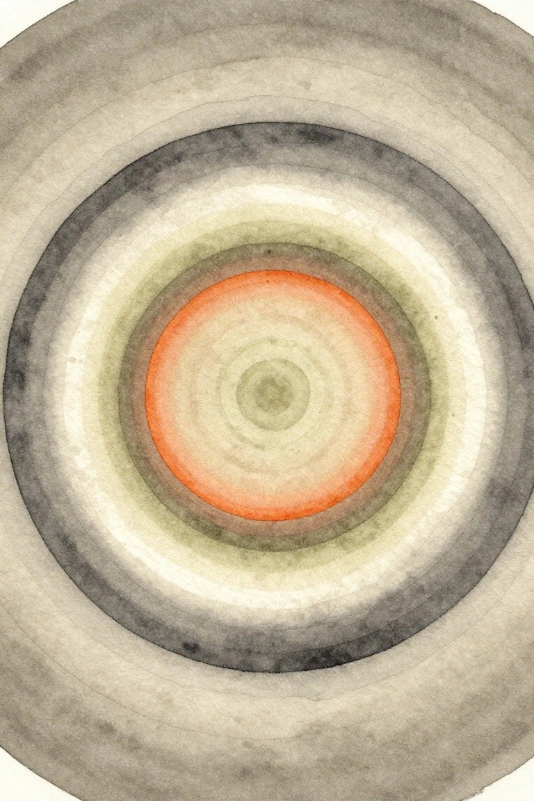 Concentric watercolor circles with bright orange center fading to dark gray edges