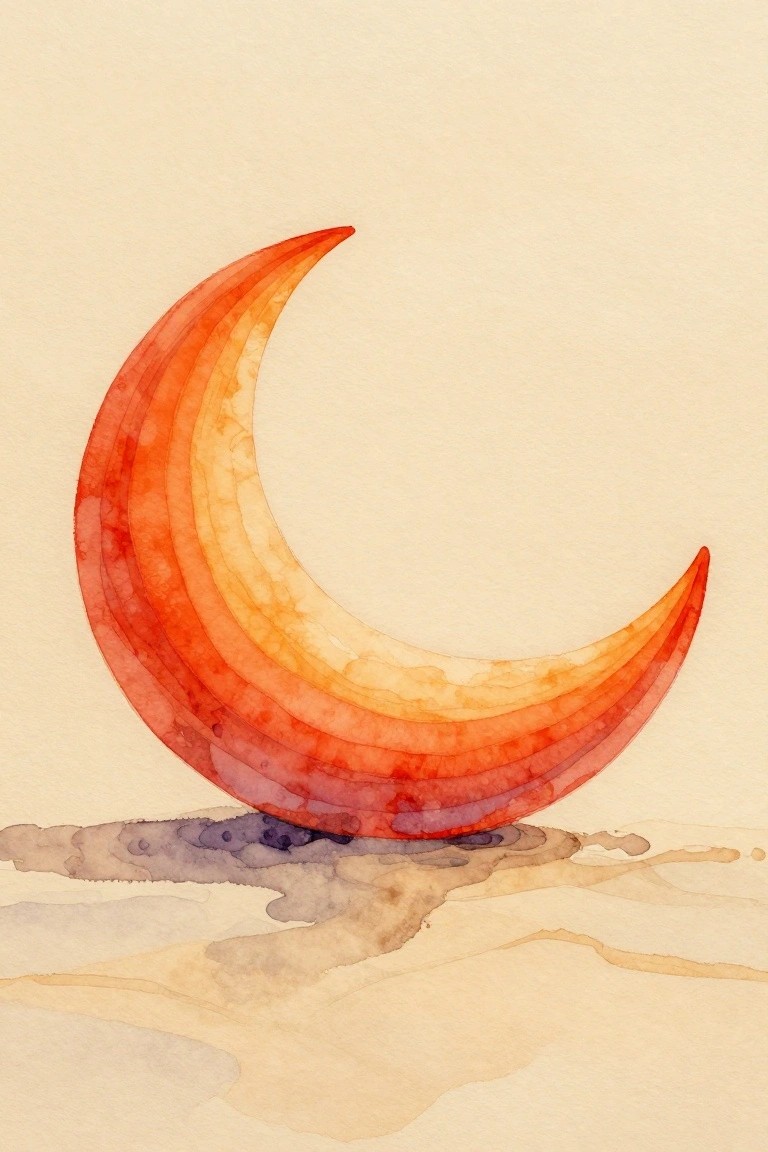 A watercolor crescent moon in orange and red tones sits above a soft, muted ground on beige paper.